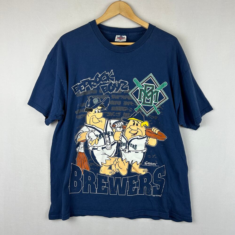 League Leader Milwaukee Brewers Flintstones Bedrock Boyz 1994 90s Men's Size XL